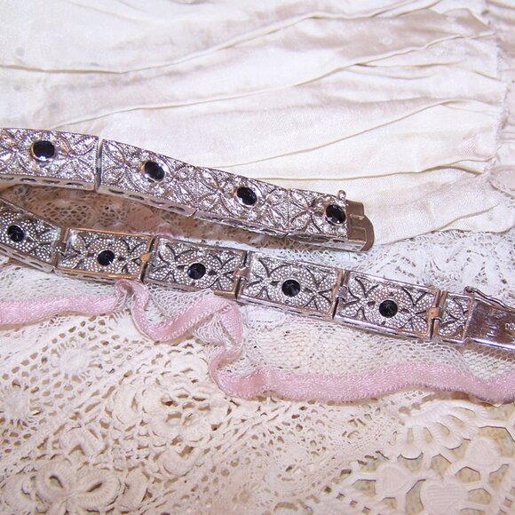 DBJ Dee Berkley Art Deco Revival Sterling Silver Blue Sapphire CZ Link Bracelet - Picture 4 of 9